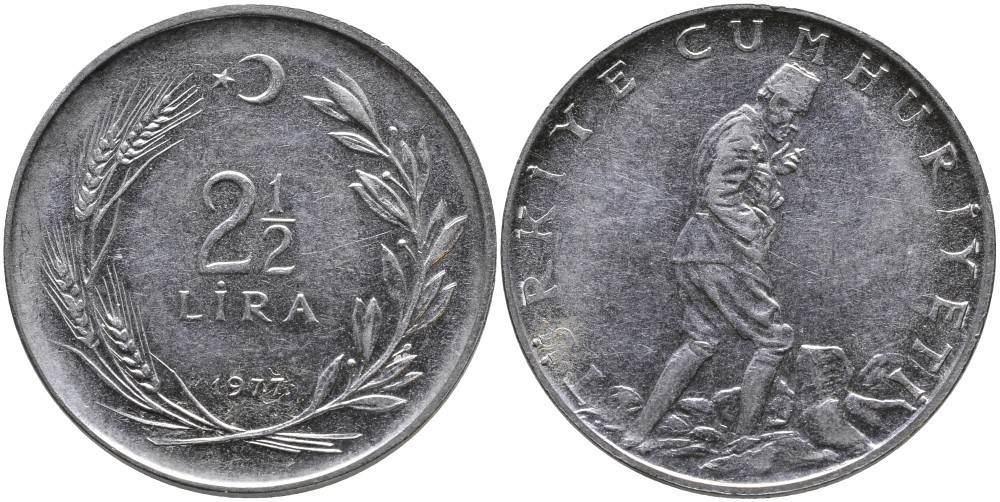 ТУРЦИЯ 2 1/2 ЛИРЫ 1977 KM 893.2 нержавеющая сталь 29-711
