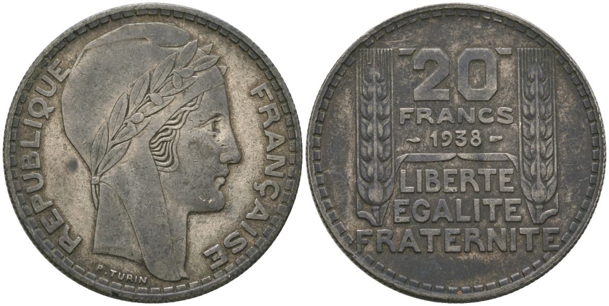 Франция 20 франков 1938 Пьер Тюрен KM 879, Le Franc 400.7 серебро 107-825