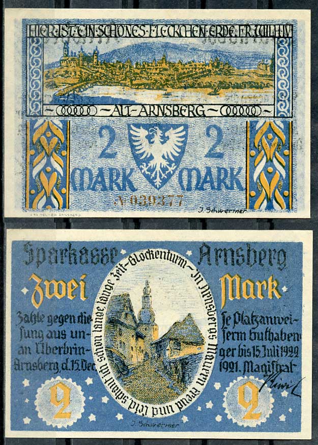 Германия, Арнсберг 2 марки 1921 нотгельд, 15.7.1922 Li. 41a, M. 42.1  бумага  UNC (пресс) 000-00-00