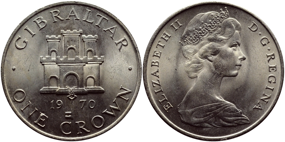 Гибралтар 1 крона 1970 Елизавета II (1952-2022), старый замок KM 4 медно-никель UNC 74-812