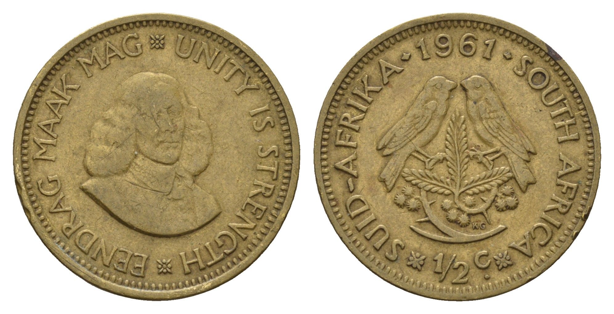 ЮАР 1/2 цента 1961 Ян ван Рибек KM 56 латунь 4114-444