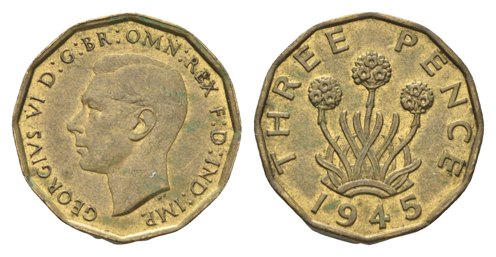 Великобритания 3 пенса 1945 Георг VI (1936-1952) KM 849, Spink 4112 никель латунь    4660-712