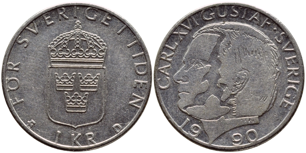 Швеция 1 крона 1990 Карл XVI Густав (1973- ) KM 852a медно-никель 4398-1246