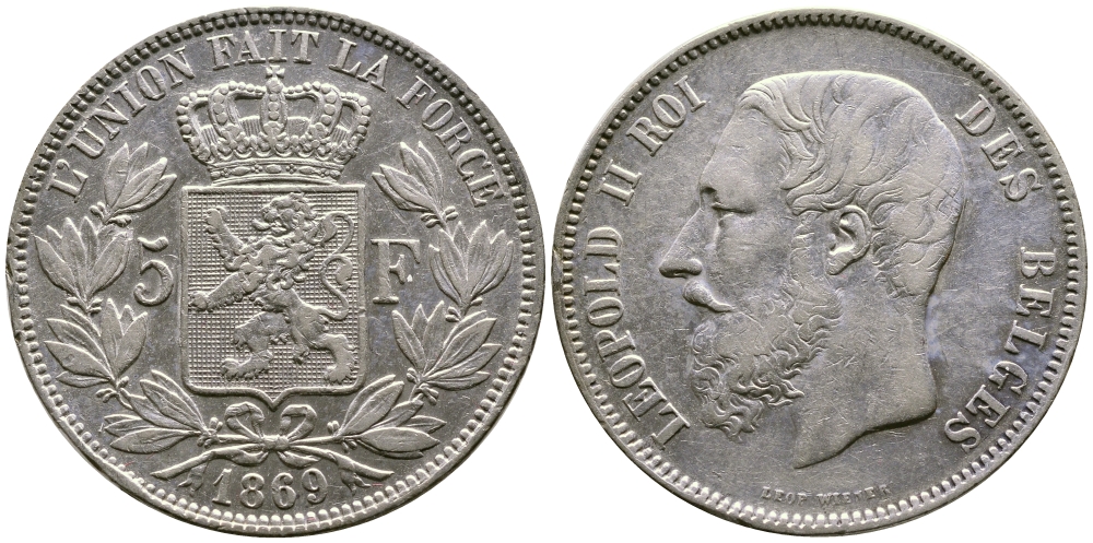 Бельгия 5 франков 1869 Леопольд II (1865-1909) KM 24  серебро 00-1067-9-61