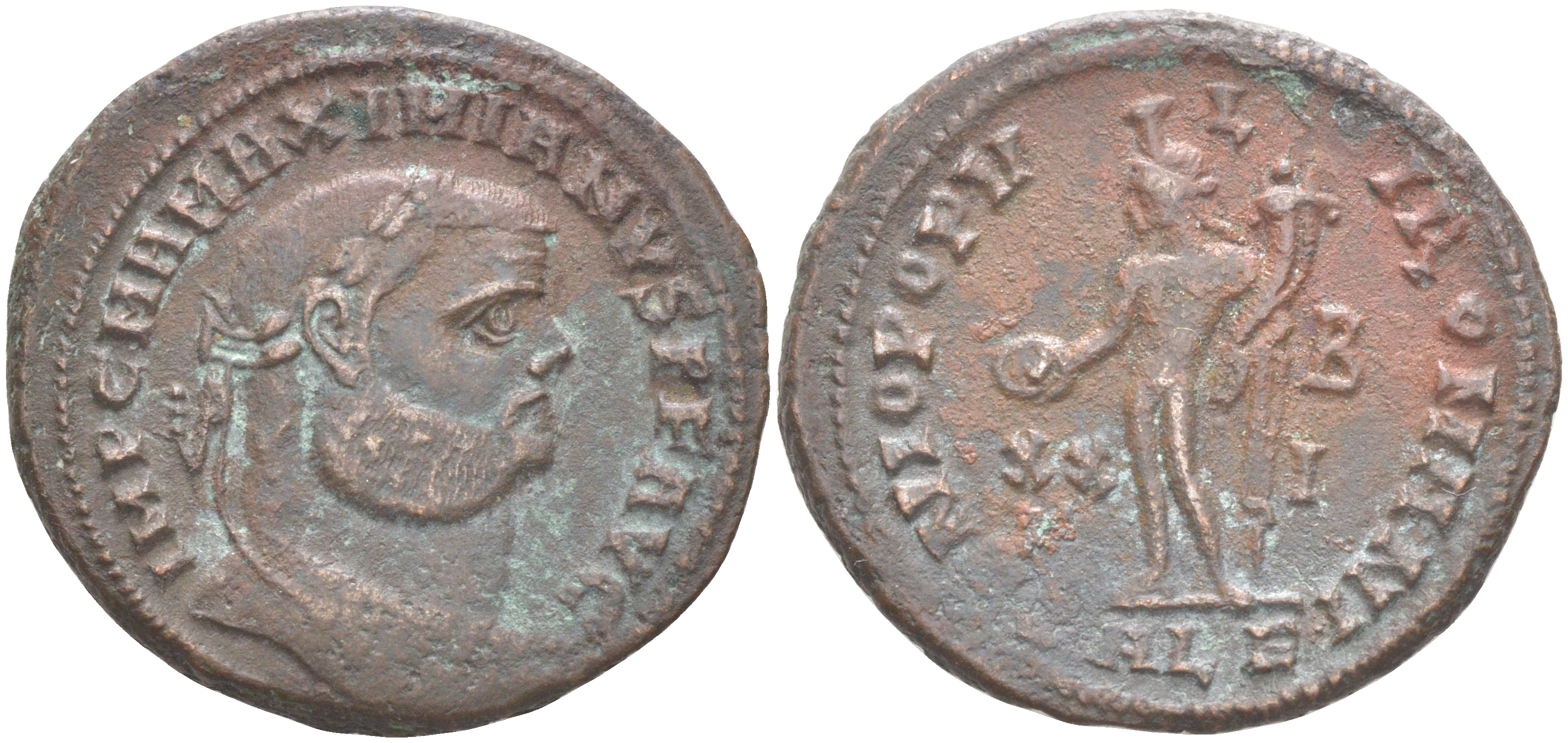 Римская Империя нуммий 301 Максимиан Геркулий, бюст императора, IMP C M A MAXIMIANVS P F AVG / Гений Римского народа, GENIO POPVLI ROMANI XXI B ALE, Александрия RIC 30b биллон 1073-23-45