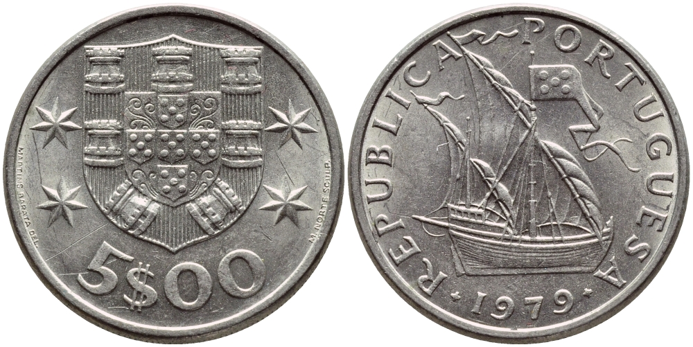 ПОРТУГАЛИЯ 5 ЭСКУДО 1979 ПАРУСНИК KM 591 медно-никель 4395-913