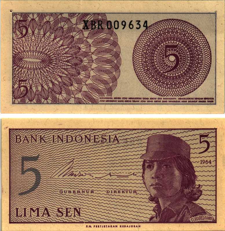 Индонезия 5 сенов 1964 девушка волонтер Pick 91 a  бумага аUNC 7548-99-3-1