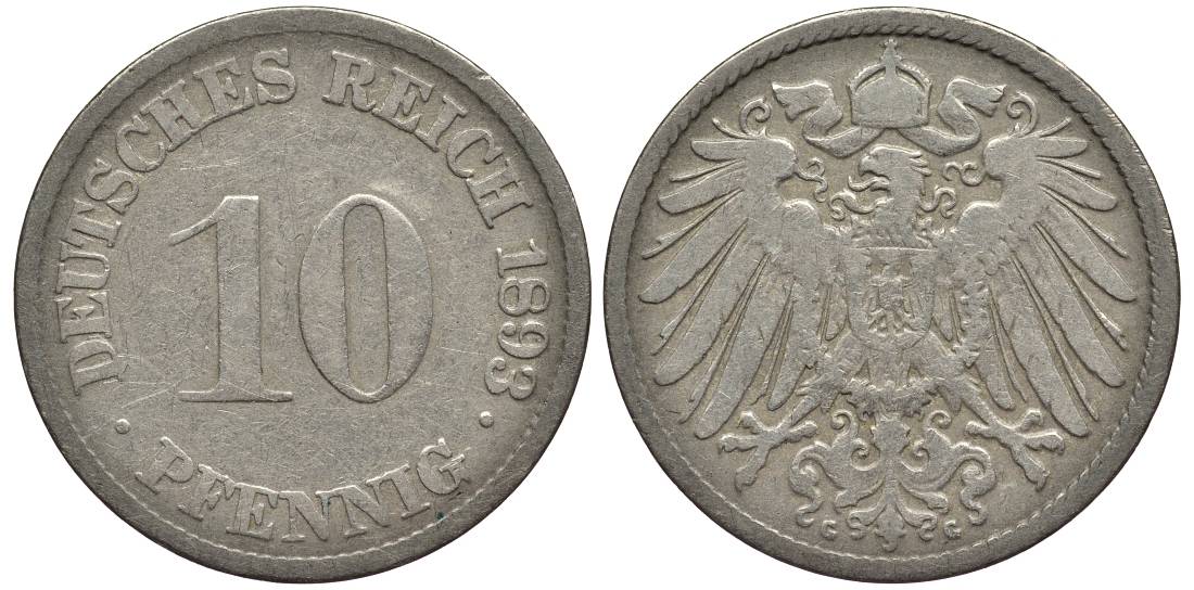 ГЕРМАНИЯ 10 ПФЕННИГОВ 1893 G KM 12, Jager 13, Weege 8 медно-никель 4382-1147