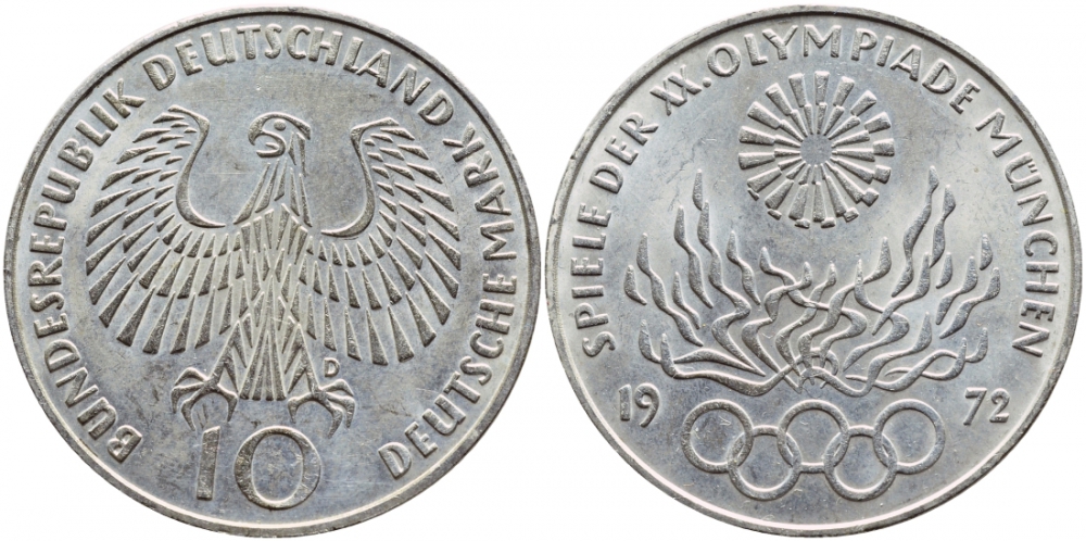 ФРГ 10 марок 1972 D, XX летние Олимпийские игры 1972 года в Мюнхене, олимпийский огонь KM 135, J.405 серебро UNC 1520-1512