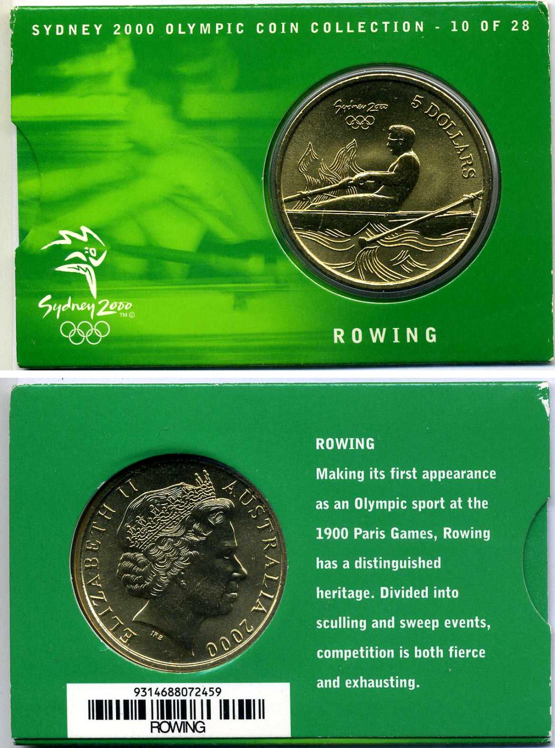 Австралия 5 долларов 2000 XXVII летние Олимпийские игры 2000 года в Сиднее, гребля, в оригинальном картонном буклете KM 431 латунь  UNC  2-5-2-45