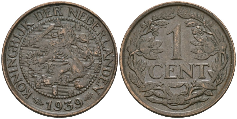 Нидерланды 1 цент 1939 Вильгельмина (1890-1948) KM 152 бронза 4576-1144