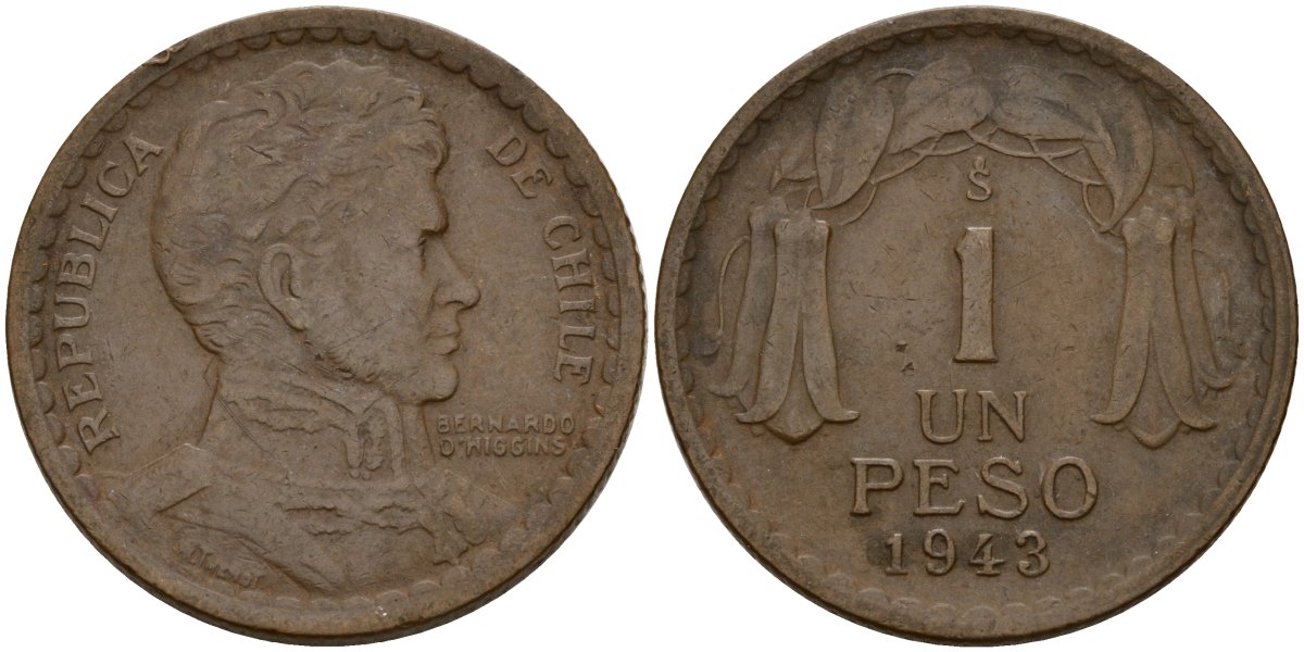 Чили 1 песо 1943 KM 179 медь 4159-957