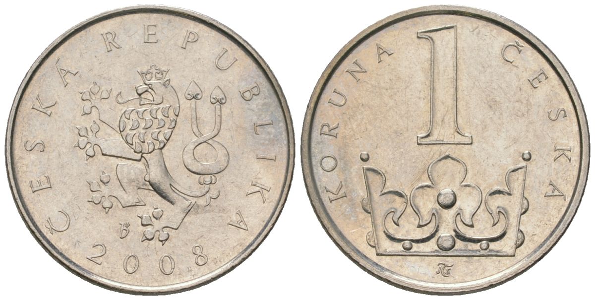 Чехия 1 крона 2008 b’ KM 7 сталь плакированная никелем aUNC 4516-356