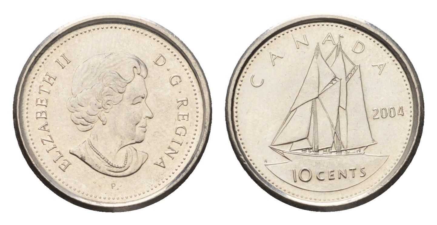 Канада 10 центов 2004 P, Елизавета II (1952-2022), парусник KM 492 сталь плакированная никелем UNC 4689-625