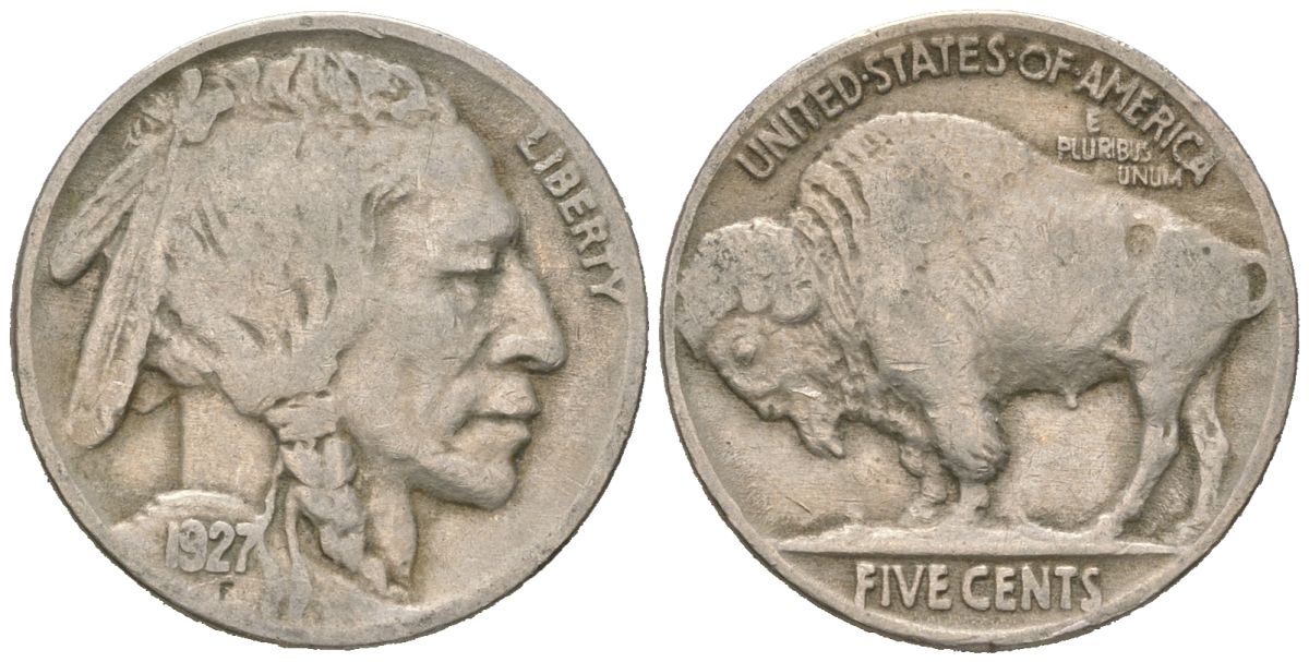 США 5 центов 1927 индеец, бизон KM 134 медно-никель 4614-1119