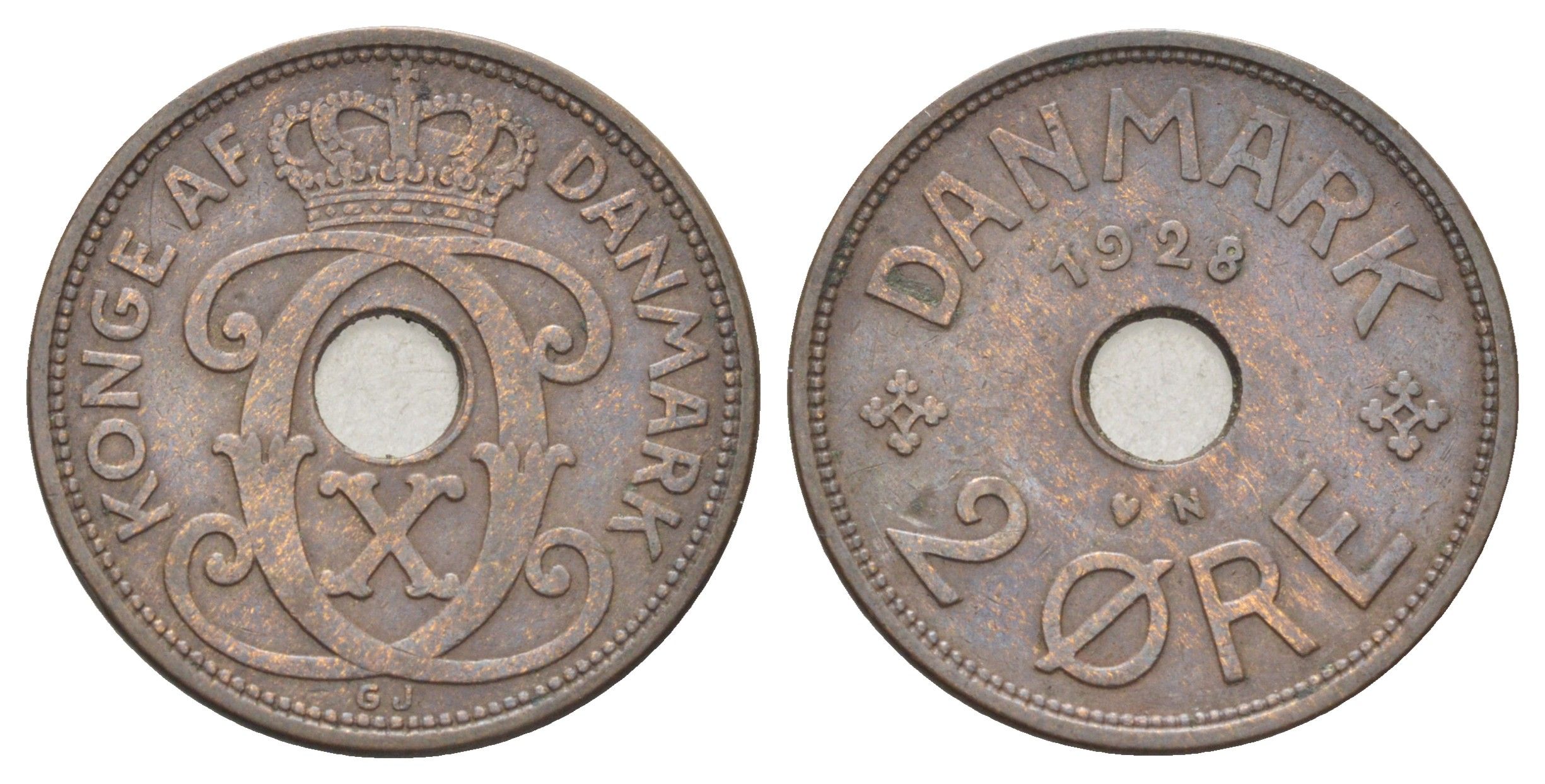 Дания 2 эре 1928 N, Кристиан X (1912-1947) KM 827 бронза 4701-722