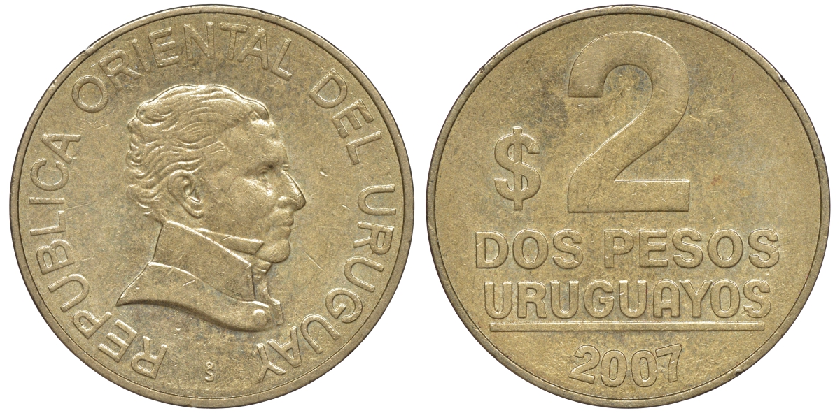 Уругвай 2 песо 2007 KM 104.2 алюминиевая бронза 4606-451