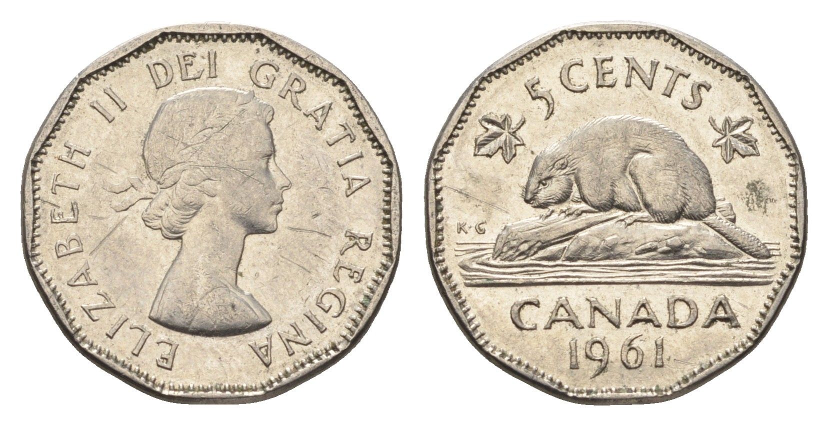 Канада 5 центов 1961 Елизавета II (1952-2022), бобр KM 50a никель 4664-625