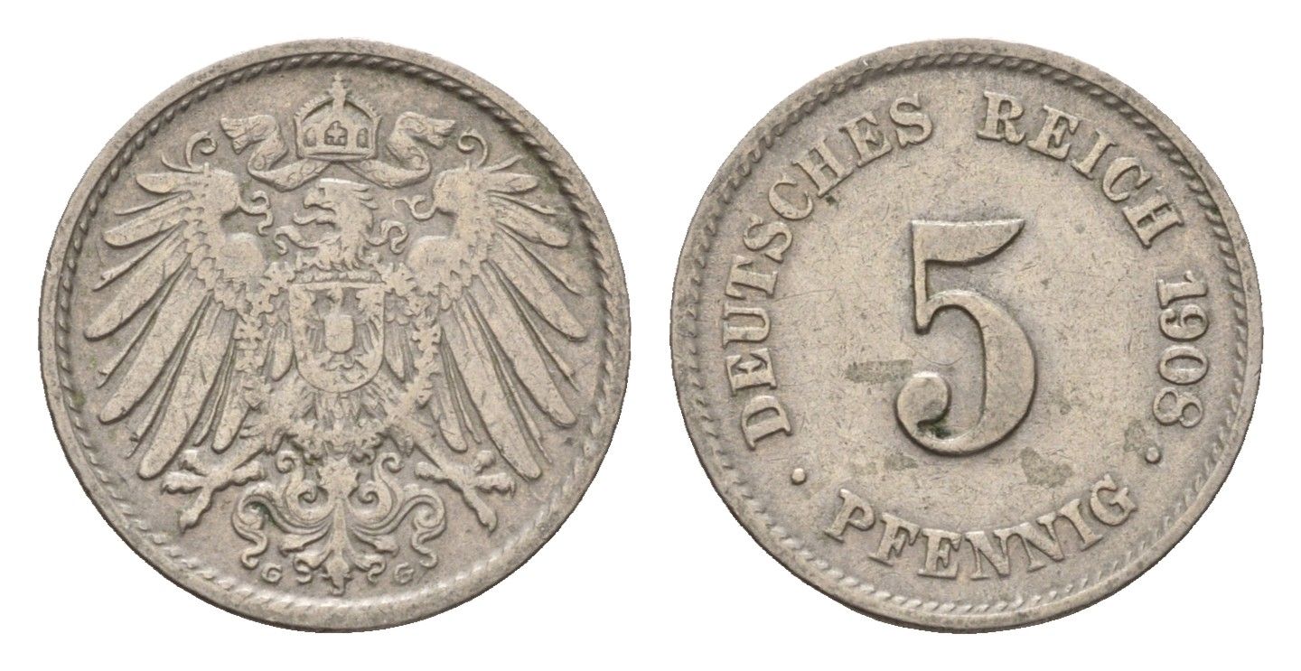 Германия 5 пфеннигов 1908 G, Вильгельм II (1888-1918) KM 11, J. 12 медно-никель 4636-166
