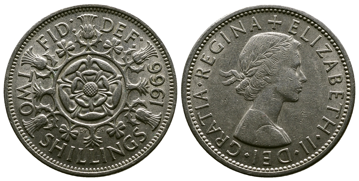 Великобритания 2 шиллинга (флорин) 1966 Елизавета II (1952-2022) KM 906, Spink 4146 медно-никель 4382-711