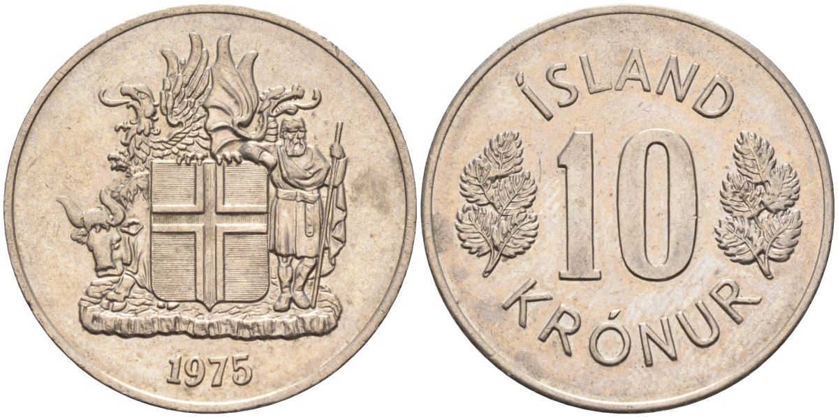 Исландия 10 крон 1975 KM 15 медно-никель UNC 4126-1012