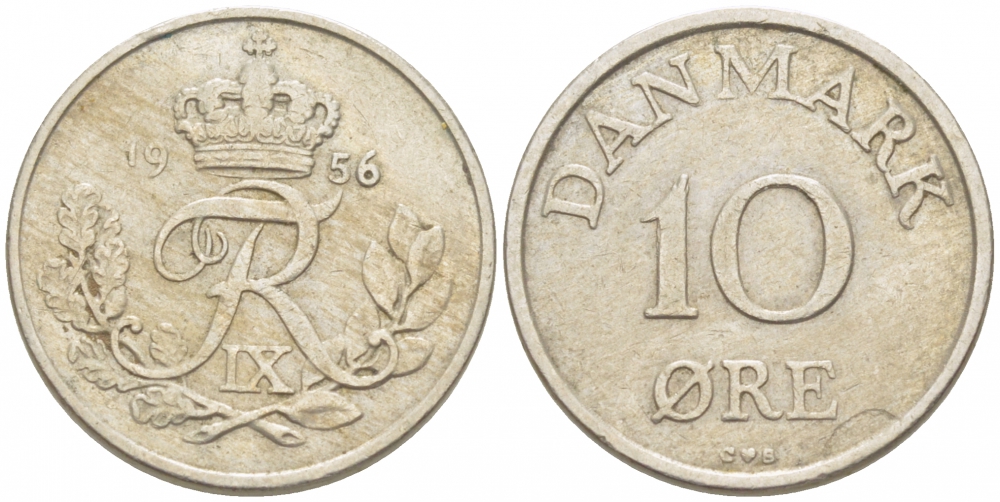ДАНИЯ 10 ЭРЕ 1956 C; S, ФРЕДЕРИК IX (1947-1972) КМ 841.2 медно-никель 3309-144