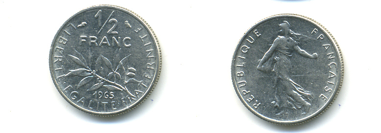 Франция 1/2 франка 1965 сеятель KM 931, Le Franc 198.3 никель 86-1751