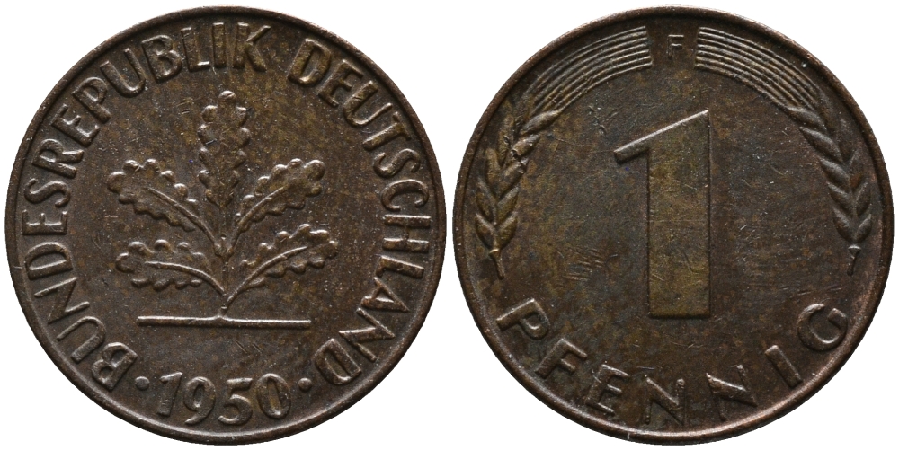 ФРГ 1 пфенниг 1950 F KM 105, J.380 сталь плакированная медью 99-247