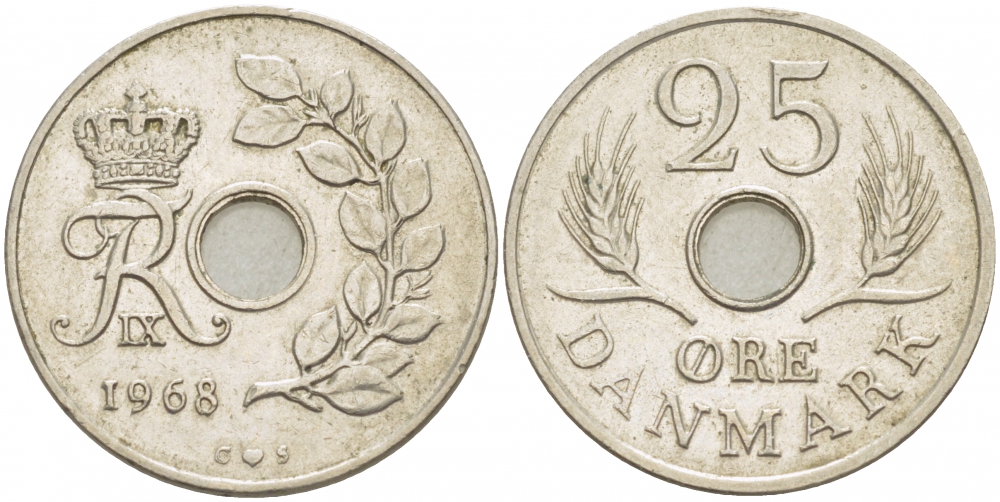 Дания 25 эре 1968 С;S, Фредерик IX (1947-1972) KM 855.1 медно-никель 85-545
