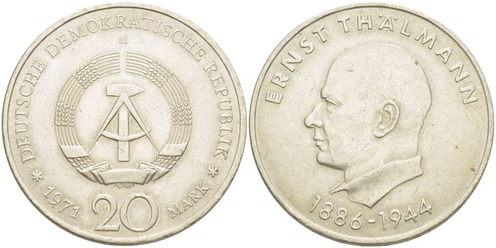 ГДР 20 марок 1971 A, 85 лет со дня рождения Эрнста Тельмана KM 34, J. 1535 медно-никель 4521-423