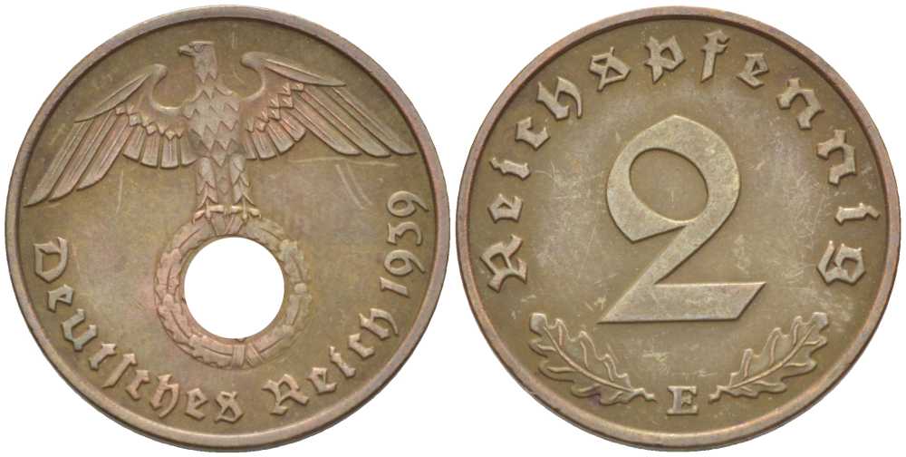 ГЕРМАНИЯ 2 РЕЙХСПФЕННИГА 1939 E KM 90, J. 362 бронза 261-1035