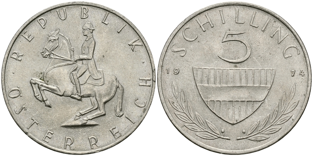 АВСТРИЯ 5 ШИЛЛИНГОВ 1974 KM 2889а медно-никель 94-525