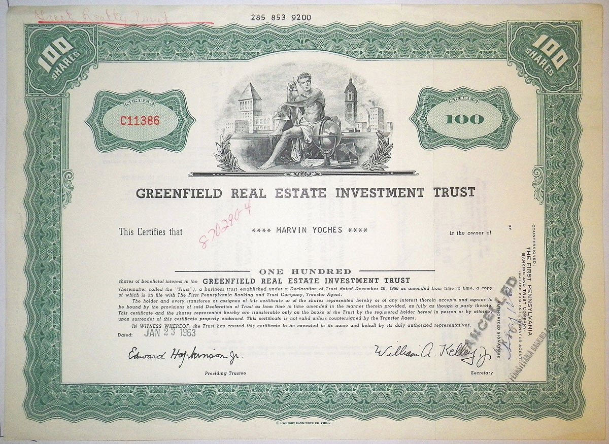 США, Greenfield Real Estate Investment Trusts 100 акций 1963 бумага 8805-50-1