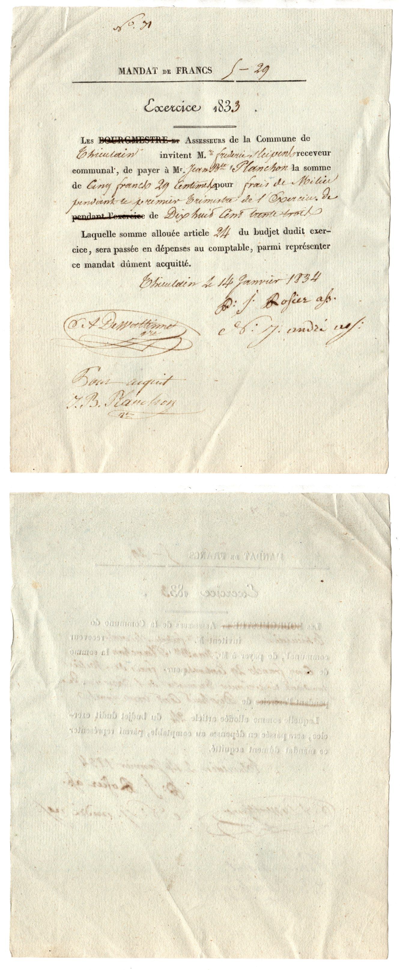 Франция платежный мандат / платежное поручение на суммму 5 франков 1833 бумага 8618-20-1-2