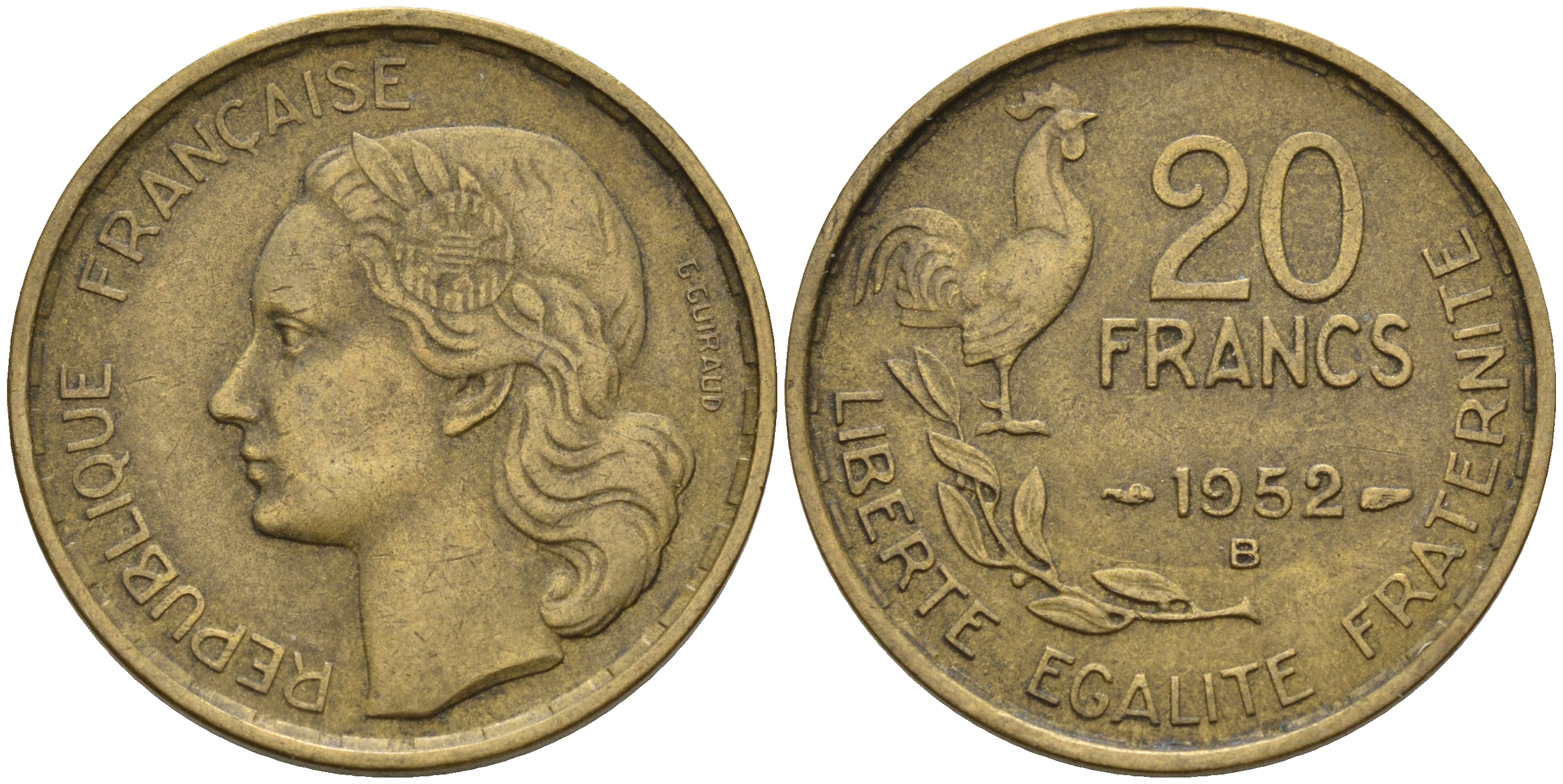 Франция 20 франков 1952 B, петух, 4 пера КМ 917.2 алюминиевая бронза    4603-234