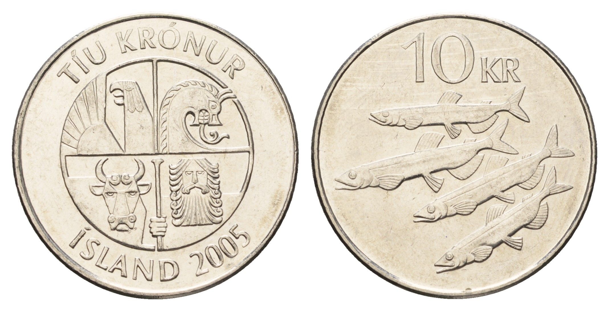 Исландия 10 крон 2005 рыбы KM 29.1a сталь плакированная никелем UNC 4691-253