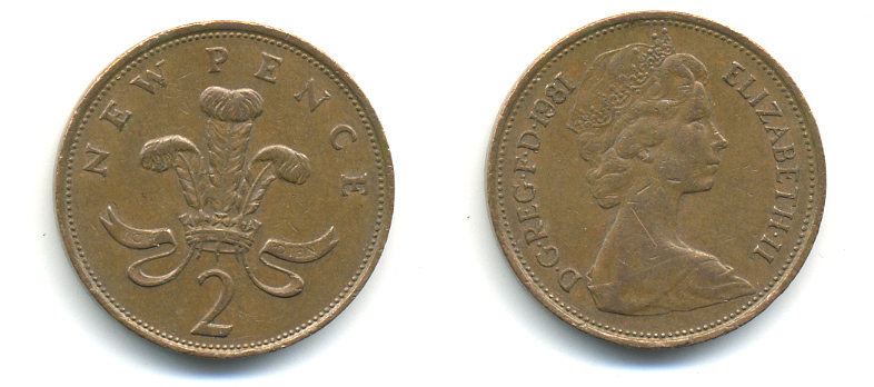 Великобритания 2 пенса 1981 Елизавета II (1952-2022) KM 916, Spink 4235 (C1) бронза 177-825