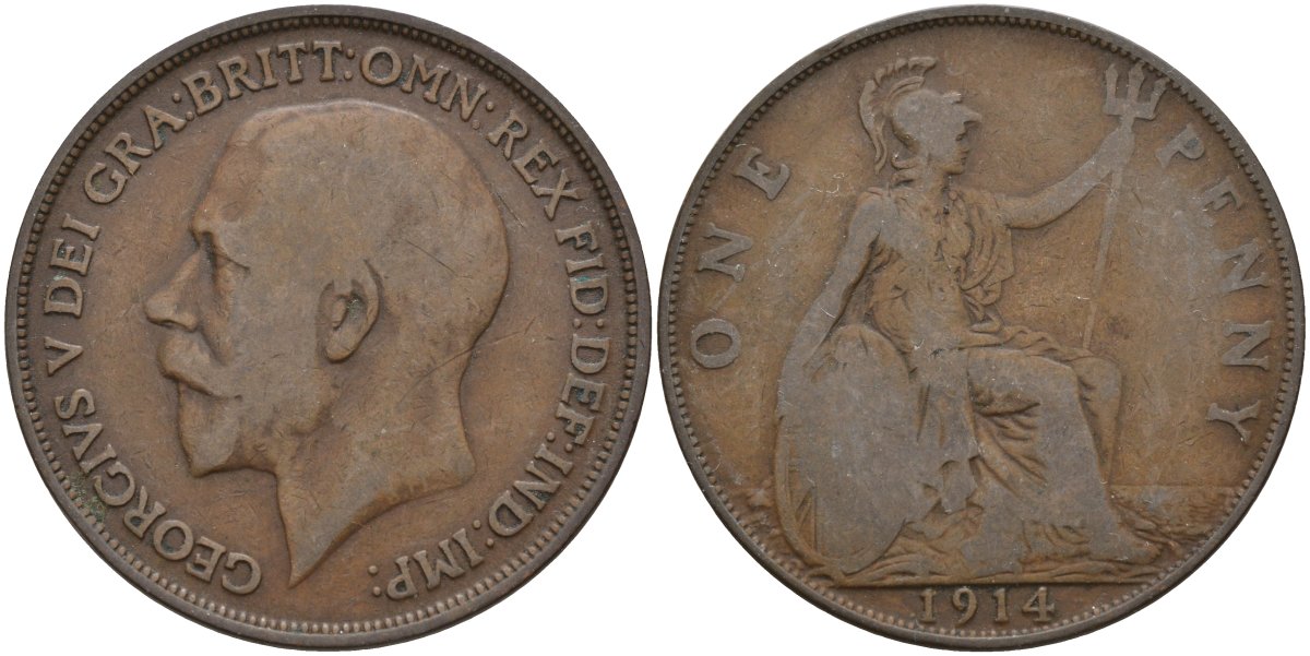 Великобритания 1 пенни 1914 Георг V (1910-1936) KM 810, Spink 4051 бронза 4144-813