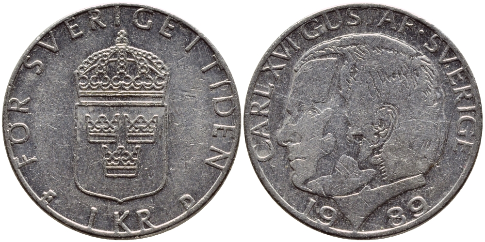 Швеция 1 крона 1989 Карл XVI Густав (1973- ) KM 852a медно-никель 4397-1235