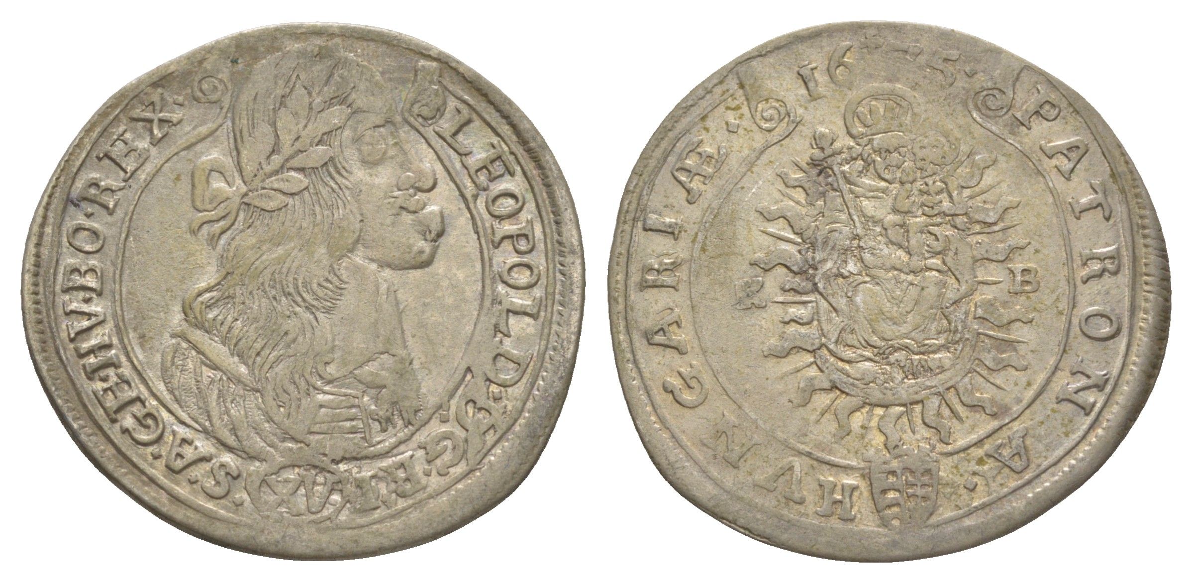 Венгрия 15 крейцеров 1675 KB, Леопольд I (1657-1705) KM 175, EH 1058 серебро 650-635