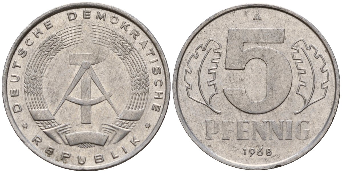 ГДР 5 пфеннигов 1968 A KM 9.1 алюминий 211-962