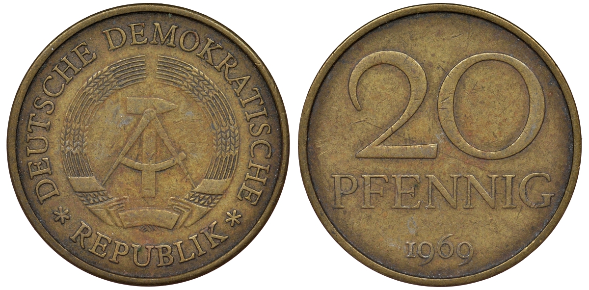 ГДР 20 пфеннигов 1969 А, первый год KM 11 латунь 62-941