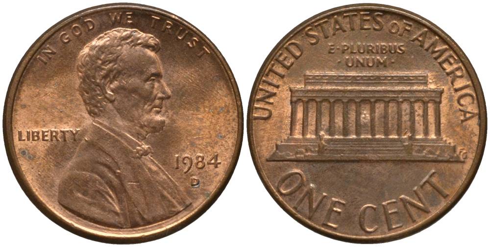 США 1 ЦЕНТ 1984 D, ЛИНКОЛЬН KM 201b цинк плакированный медью 4547-657
