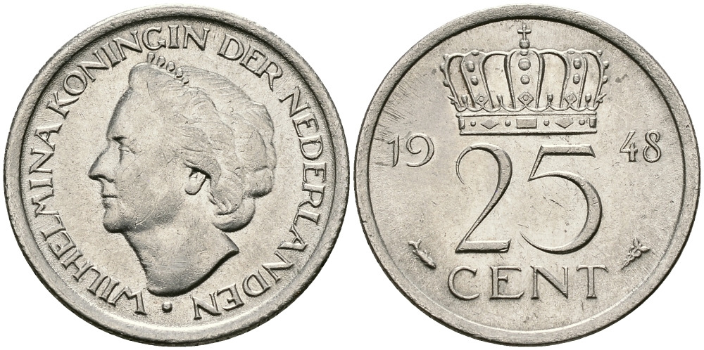 НИДЕРЛАНДЫ 25 ЦЕНТОВ 1948 ВИЛЬГЕЛЬМИНА KM 178 никель 96-114