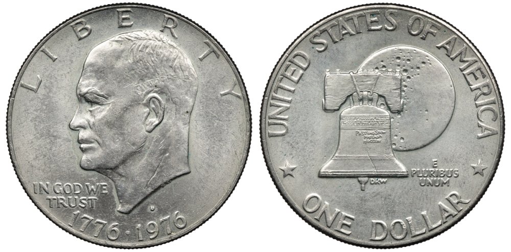США 1 доллар 1976 D, 200 лет независимости, Президент Эйзенхауэр, колокол, тип II KM 206 медь плакированная медно-никелем 4558-1214