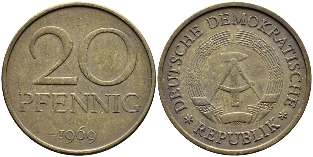 ГДР 20 пфеннигов 1969 A, первый год KM 11 латунь 261-845