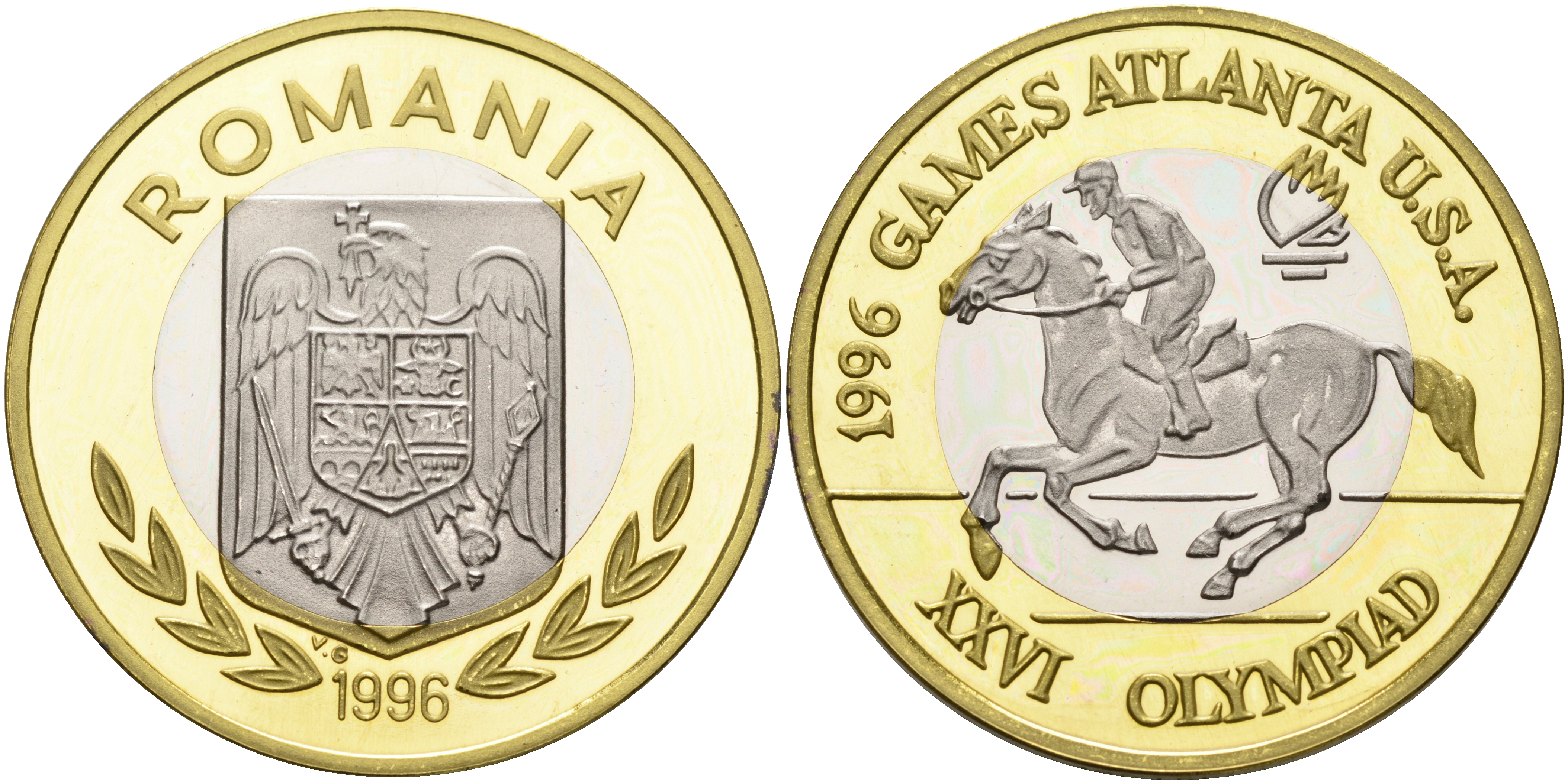 Румыния 100 леев 1996 XXVI Олимпийские игры 1996 года в Атланте, 100 лет Олимпийскому движению, скачки, пробный выпуск KM PnB 315C биметалл  PROOF  11-159-43