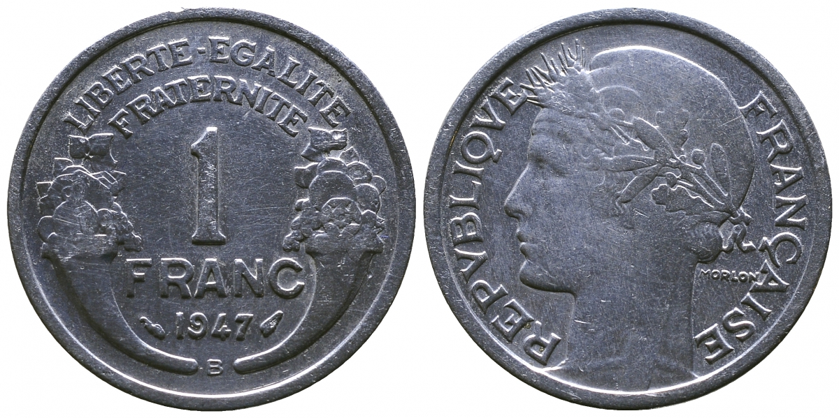 ФРАНЦИЯ 1 ФРАНК 1947 B KM 885a.2 алюминий 4381-514