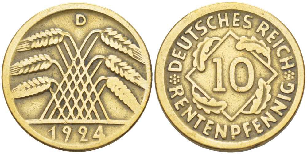 ГЕРМАНИЯ 10 РЕНТЕНПФЕННИГОВ 1924 D KM 33, J. 309, Weege 8 алюминиевая бронза 212-752