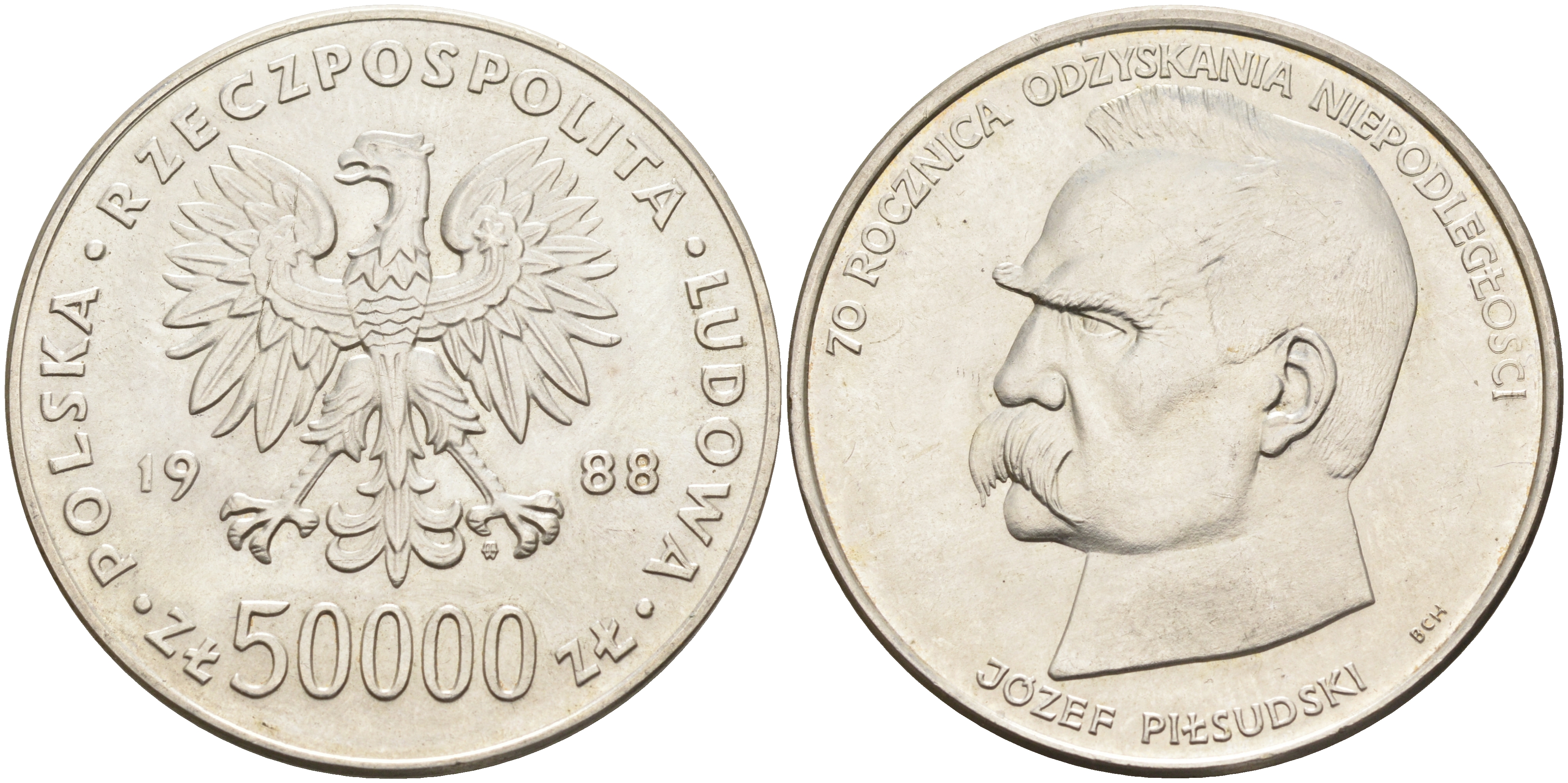 Польша 50000 злотых 1988 MW, 70 лет независимости Польши, Юзеф Пилсудский KM 180, Parchimowicz 372a серебро UNC 4368-235